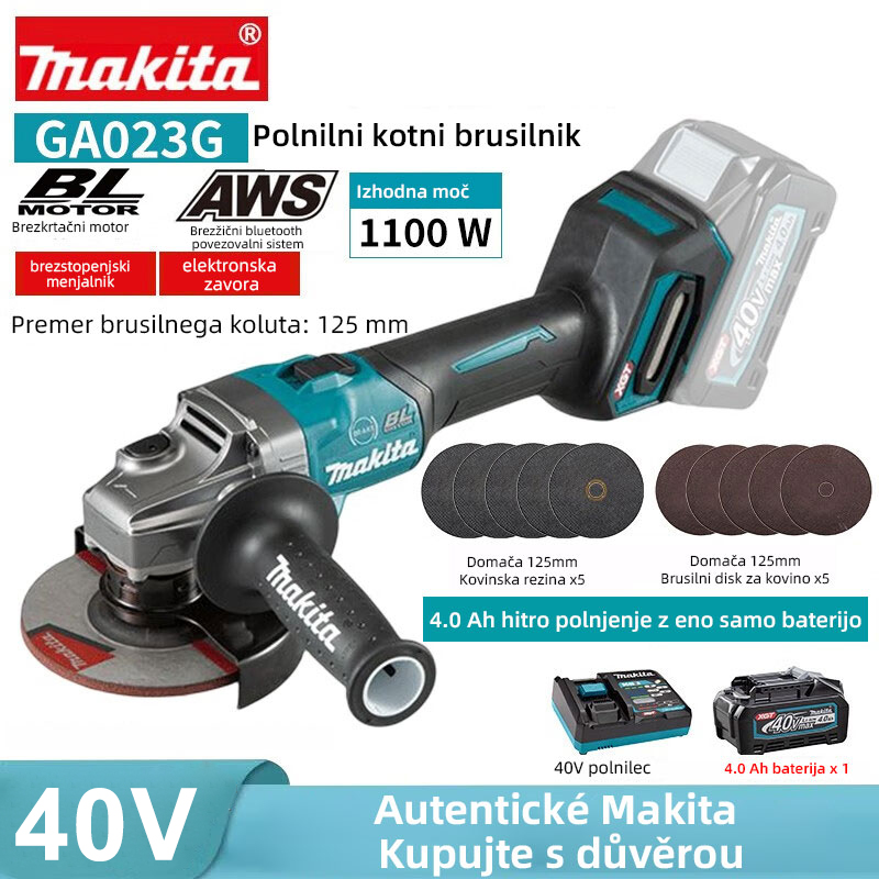 40V litijeva baterija + 1100W Makita kotni brusilnik + 18AMP polnilnik + dodatki za rezila