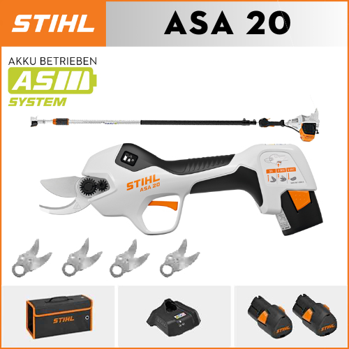 STIHL ASA20*1, litijska baterija*2, kutija za odlaganje*1, glava za rezanje*5, punjač*1, teleskopski štap*1